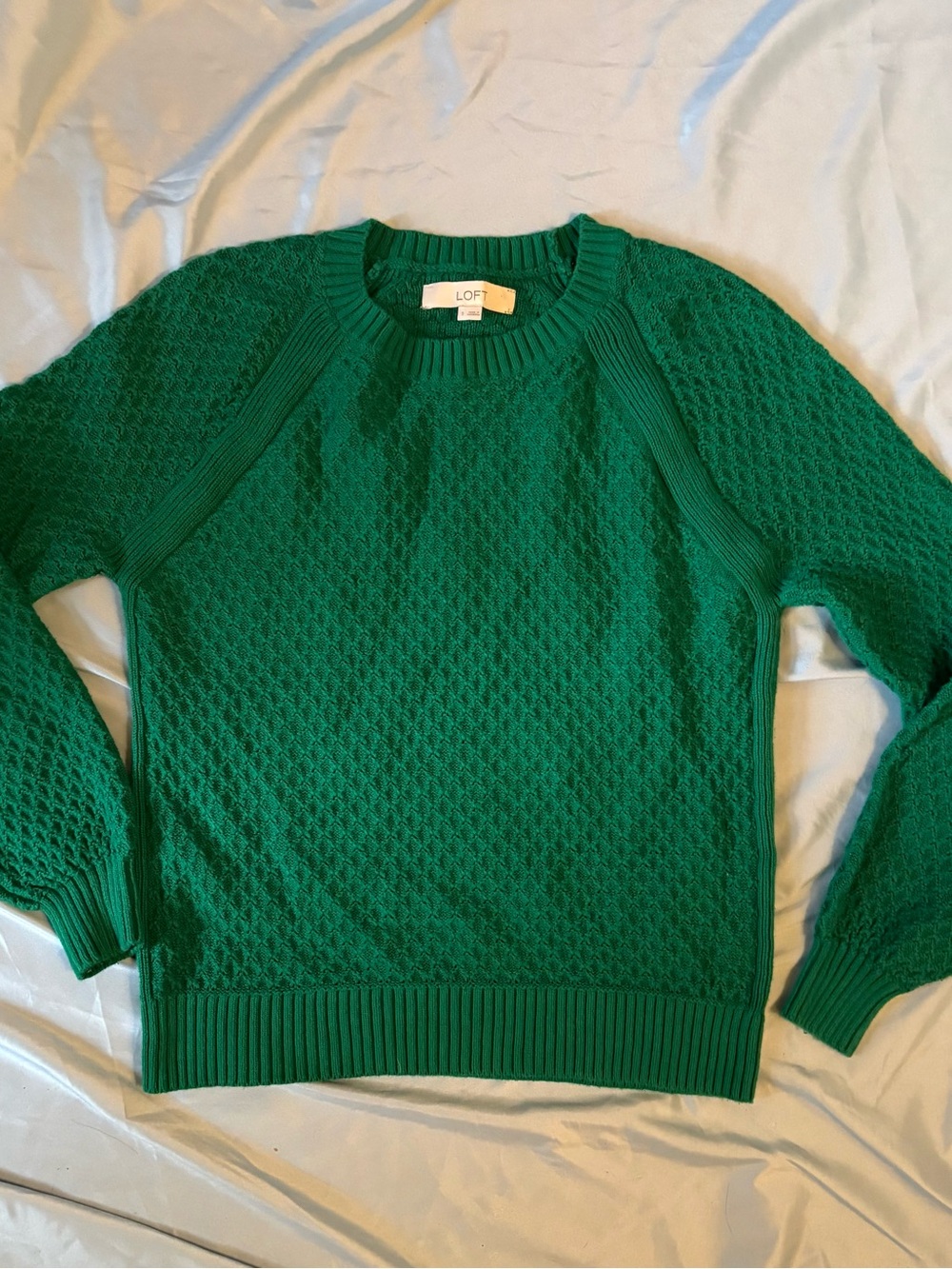 LOFT Kelly Green Textured Waffle Stitch Raglan Cotton Sweater Small